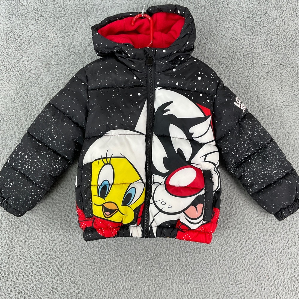 Looney Tunes Puffer Jacket Kids 4 Black Tweety Sylvester Coat Members Only